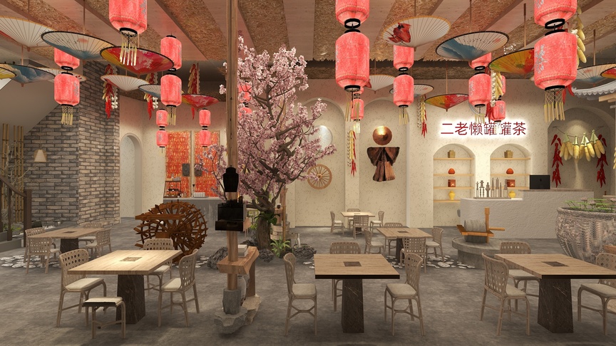 图中是一个餐馆的内部场景，整体以红色和棕色为主色调。房顶挂着许多红灯笼，左侧有一棵粉色的樱花树，树下有一个圆形的木制长桌，周围围绕着六把白色镂空椅子。房间的中央有一张长方形的木制桌子，周围也摆放着六把椅子。房间的右侧有一个小岛，上面放着一个白色的吧台，吧台下面有两层，上面摆放着一些餐具。墙上还挂着一些辣椒和一个圆形的装饰品。中间的墙上还挂着一个木制的牌匾，上面写着“二老城谨蓬莱”字样。