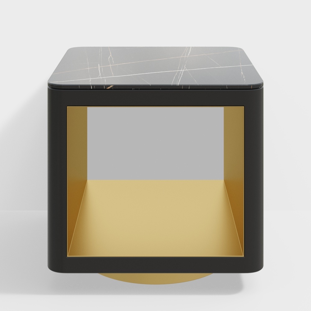 Modern Black Side Table with Storage Hollow Cube Table with Gold Metal Pedestal