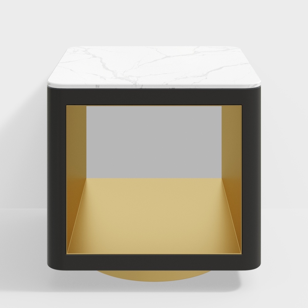 Mesa auxiliar blanca moderna con mesa de cubo hueco de almacenamiento con pedestal de metal dorado