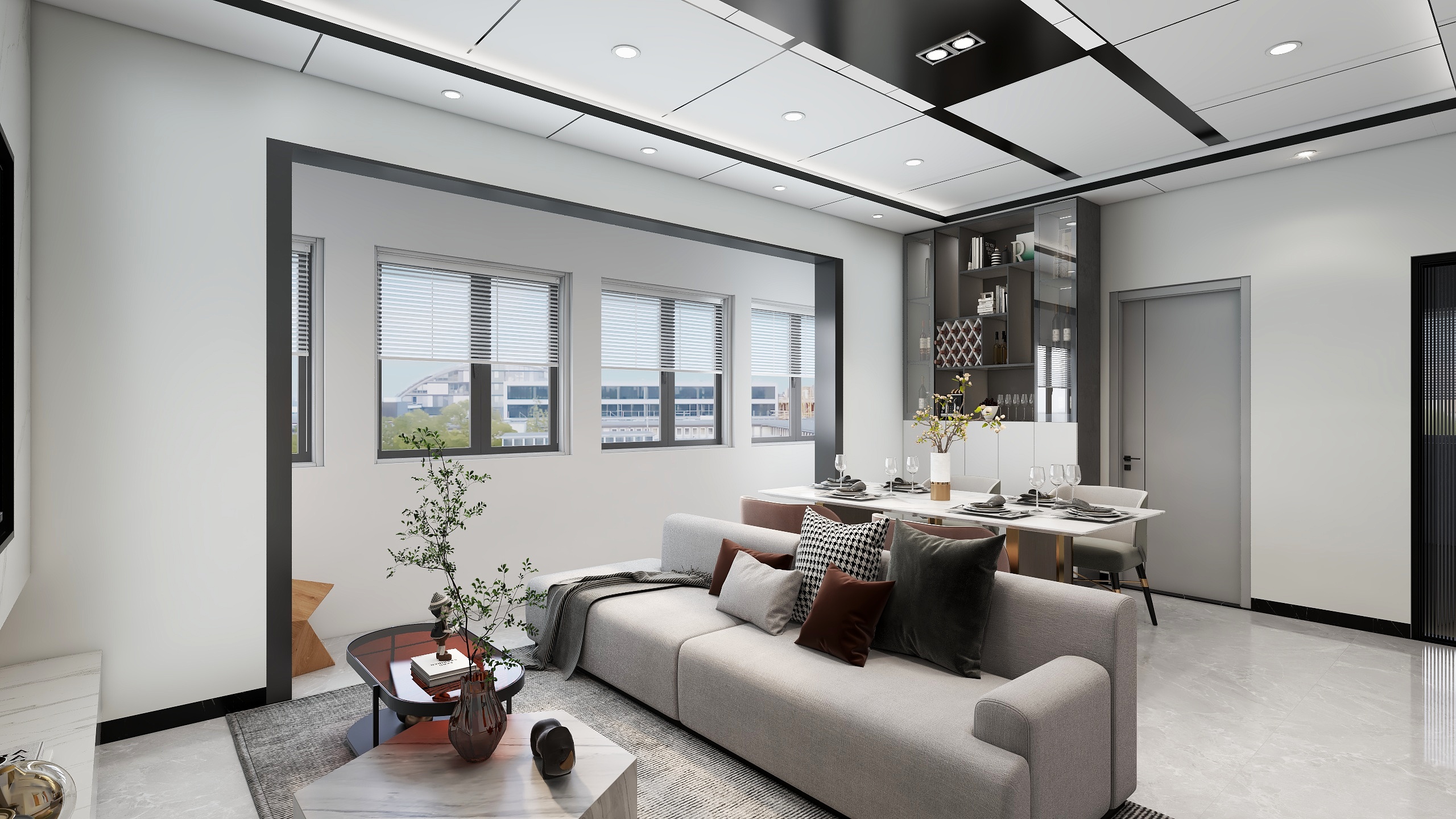 心辰大王努力搬砖-极简黑白灰客餐厅-瑞和园89.50㎡B户型3室2厅1卫-装修设计方案