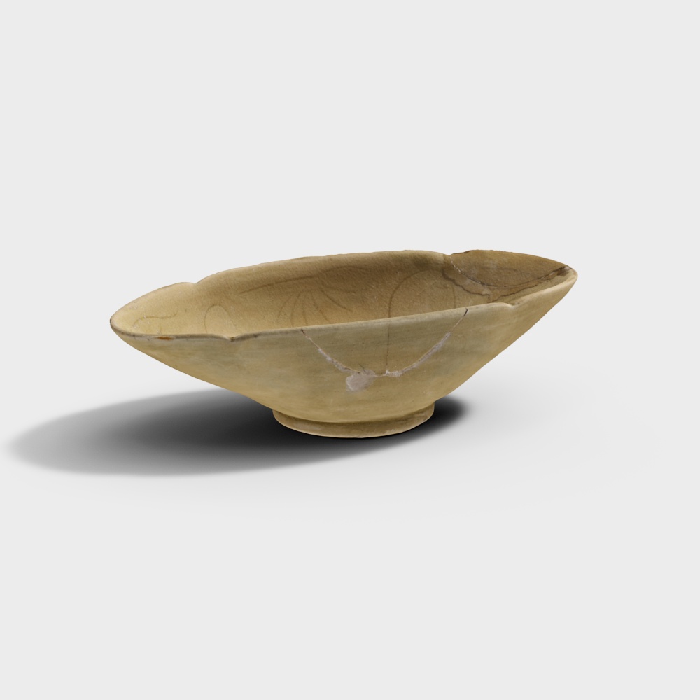 唐越窑青釉刻划荷叶纹海棠式瓷杯3D模型
