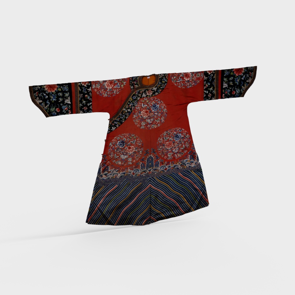 红缎地绣八团花蝶纹袍