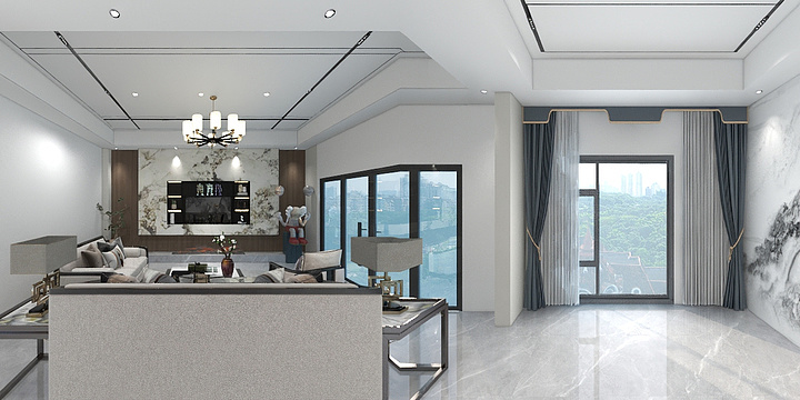 护墙板效果图设计-客厅加茶室-装修设计方案