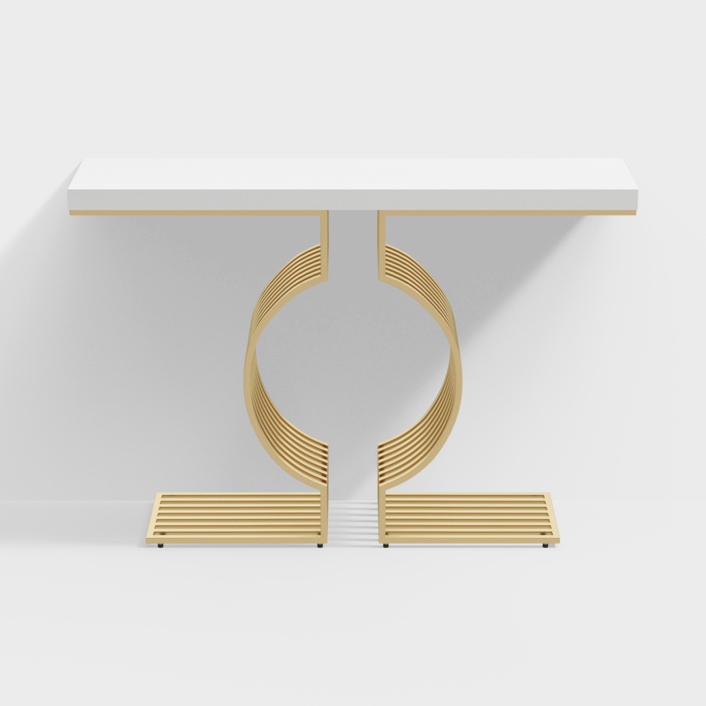 47.2" Modern White Narrow Sofa Console Table with Geometric Metal Base in Gold