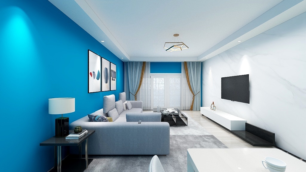 图中是一个客厅的装修设计。墙面是蓝色的，搭配白色的吊顶，整个空间清新且明亮。墙面装饰着三幅黑白装饰画，提升空间的现代感。灰色的沙发搭配黑色茶几，简单大方。白色的电视柜与墙面形成对比，增加视觉效果。地面上铺着灰色的地毯，增加舒适感。另外，墙面还挂着一盏蓝黄色的窗帘，与蓝色的墙面相呼应，整体风格协调一致。