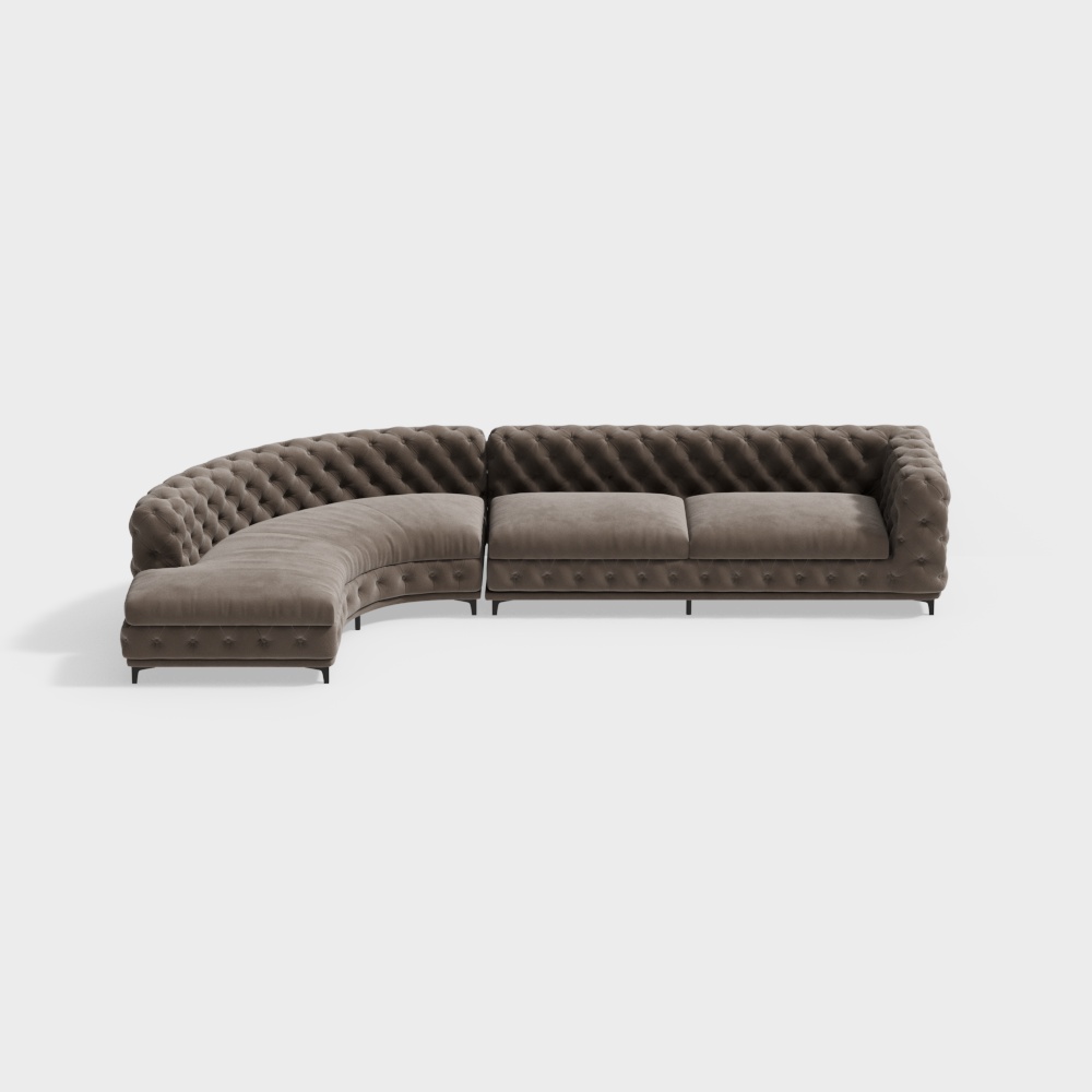 Curved Khaki Sectional Chesterfield Sofa 5-Seater Upholstered Velvet Stainless Steel Leg