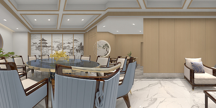 一叶设计机构-新中式大包间效果图-装修设计方案
