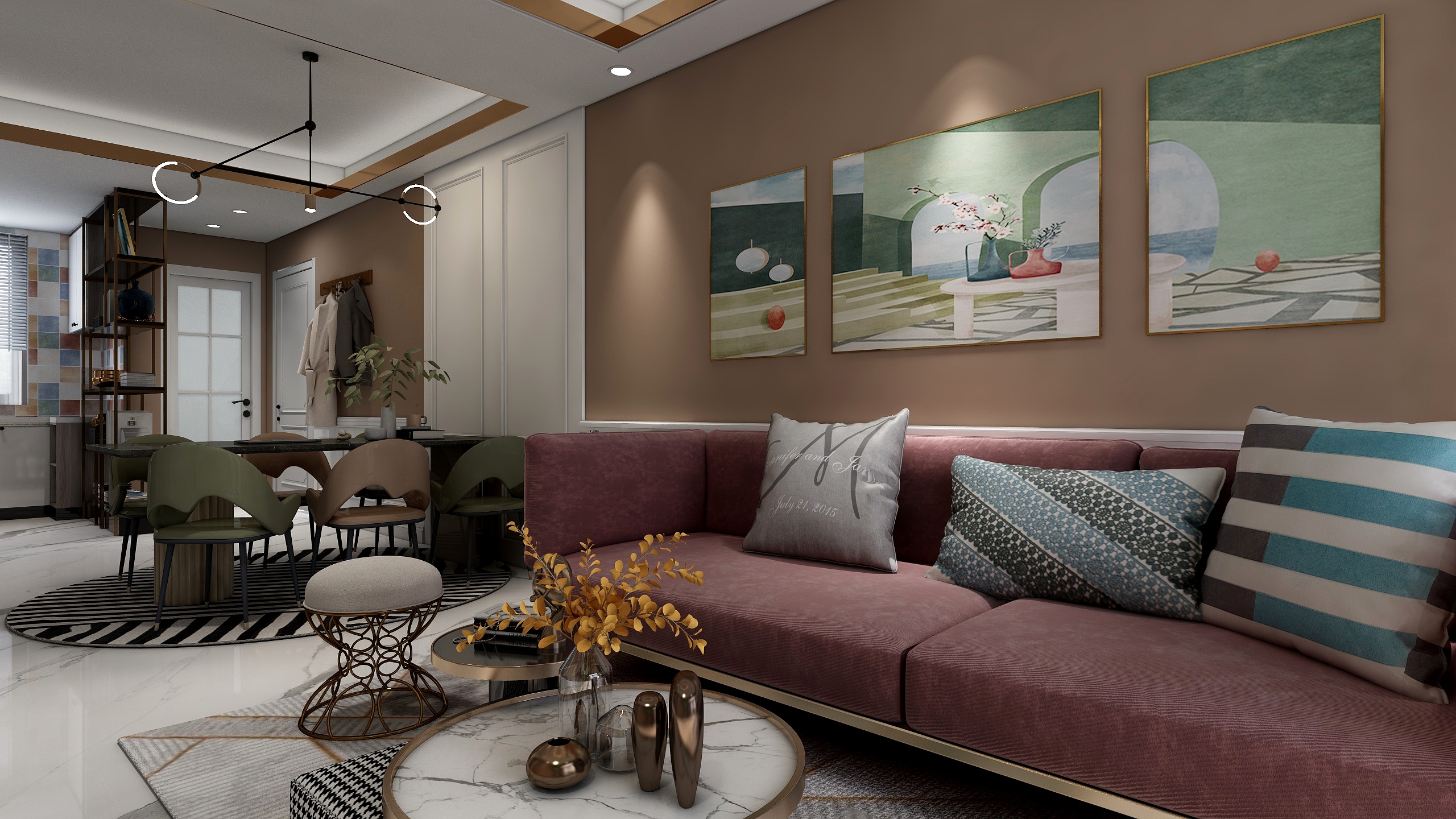 于海淼-《温沙》现代彩色系酒红色三居室-装修设计方案