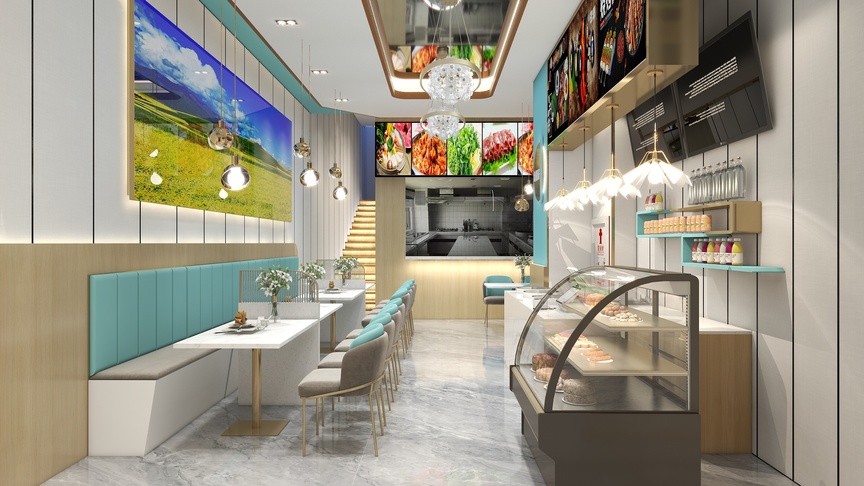 叶晨yc-烤肉店。冰川湖蓝装修效果图