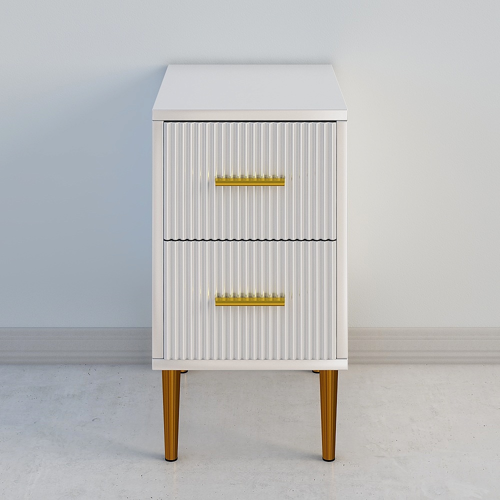 Modern White Rectangle Nightstand with 2 Drawers and Gold Metal Base