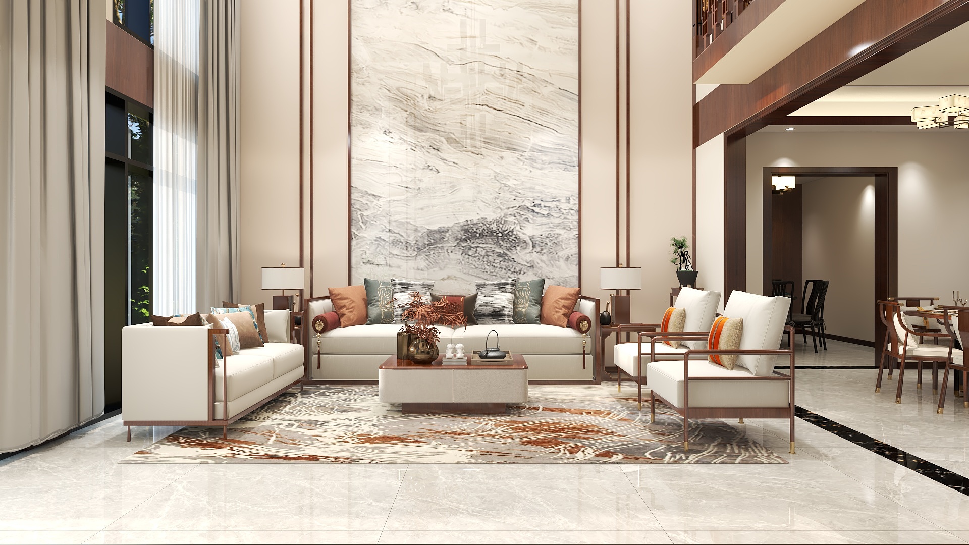 一品设计YP-新中式客餐厅装修效果图