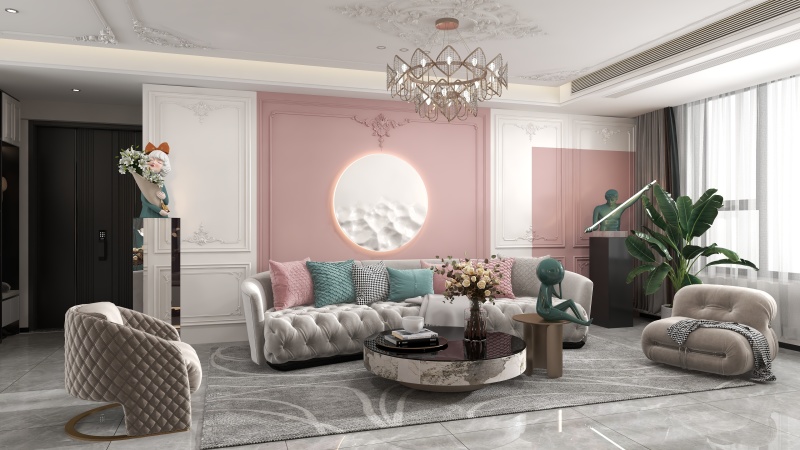 Elegant Transitional Living Room with Pink Blue Hue