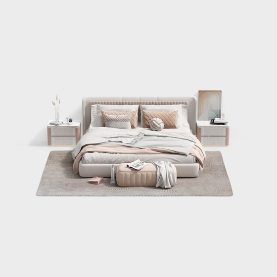 French Light Luxury Double Bed Combination 3D Model