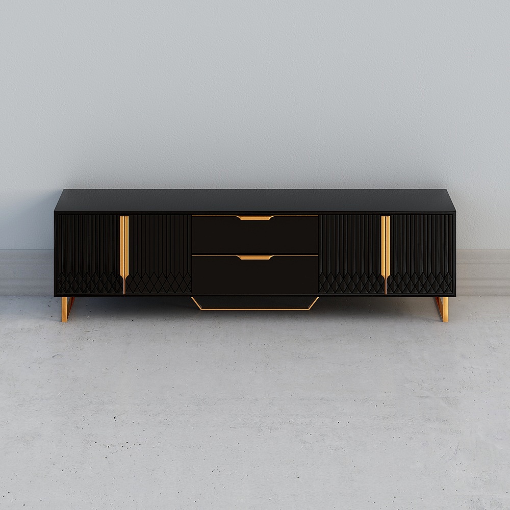 Aro Modern Black Wood Rectangle TV Stand with Storage Media Console with Gold Legs