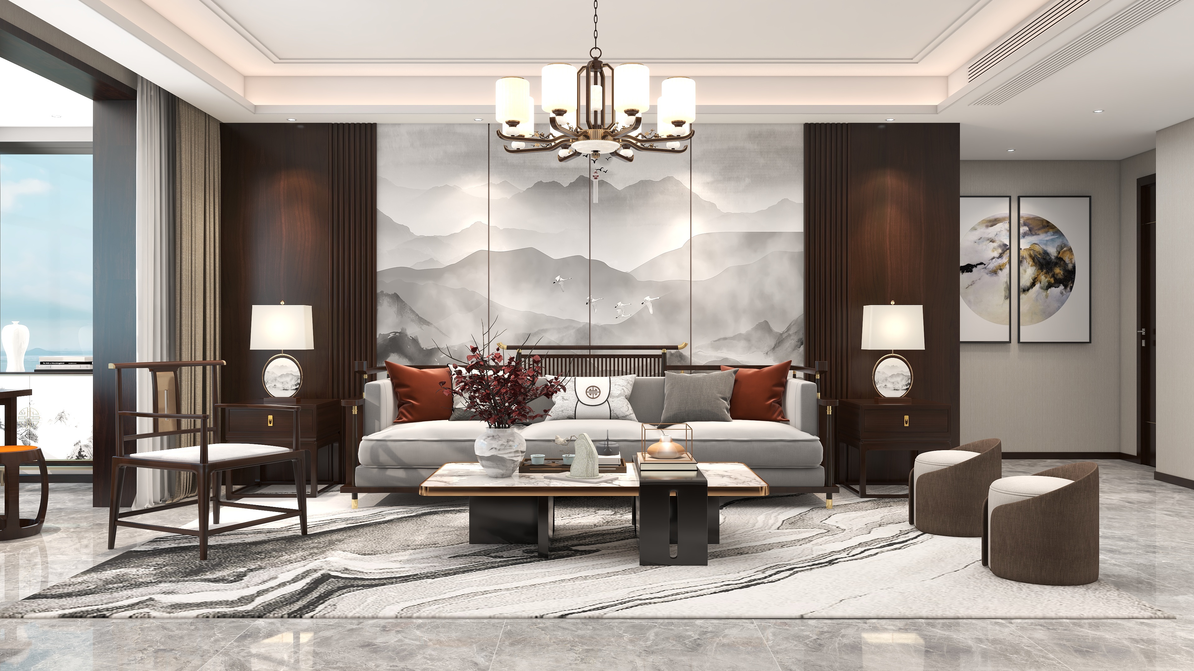 设计师赵响-《青花瓷》新中式风格142平方3室2厅2卫装修效果图