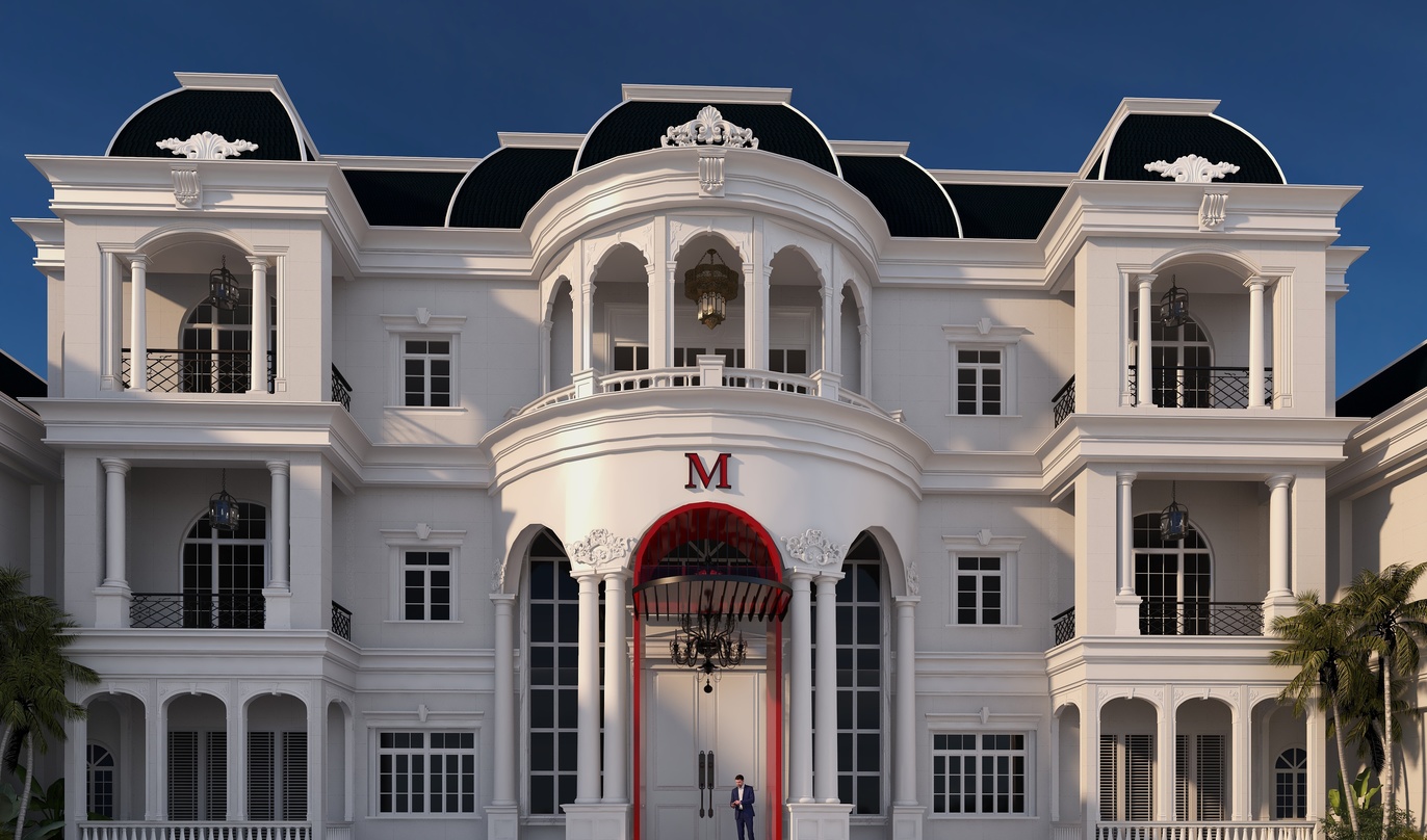 这是一座非常气派的欧式别墅，白色为主色调，红色作为点缀，显得非常豪华。别墅有两层楼高，每层都有许多窗户，让光线充足地照进房间。别墅的入口处有一扇红色的门，上面有一个红色的M字标志，门的左侧有一个白色的门柱，上面有圆形的柱子和黑色的横梁，横梁上还悬挂着一个黑色的灯。在门的前方有一条红色的地毯，地毯上站着一个保安，他正注视着来往的人。