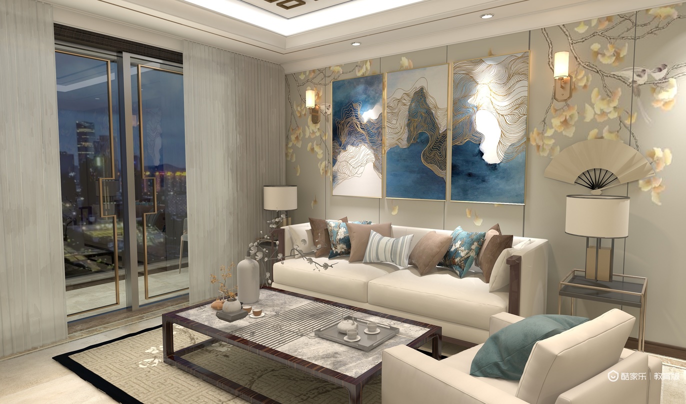 这个客厅的装修风格是新中式，整体以白色和米色为主，搭配一些棕色和蓝色的装饰元素，显得清新自然又富含文化底蕴。吊顶和墙面都采用了白色，显得空间宽敞明亮。墙面还装饰了艺术画和装饰画，非常有艺术感。地面是浅灰色的地毯，搭配米色的沙发和抱枕，以及棕色和蓝色的靠垫，显得非常舒适温馨。茶几是黑色的，上面摆放着精致的茶具，非常雅致。窗户旁边还放置了两层窗帘，既可以保证室内的采光，也能阻挡外界的干扰。整体来看，这个客厅装修得非常精致和舒适，充满了家的温馨感。