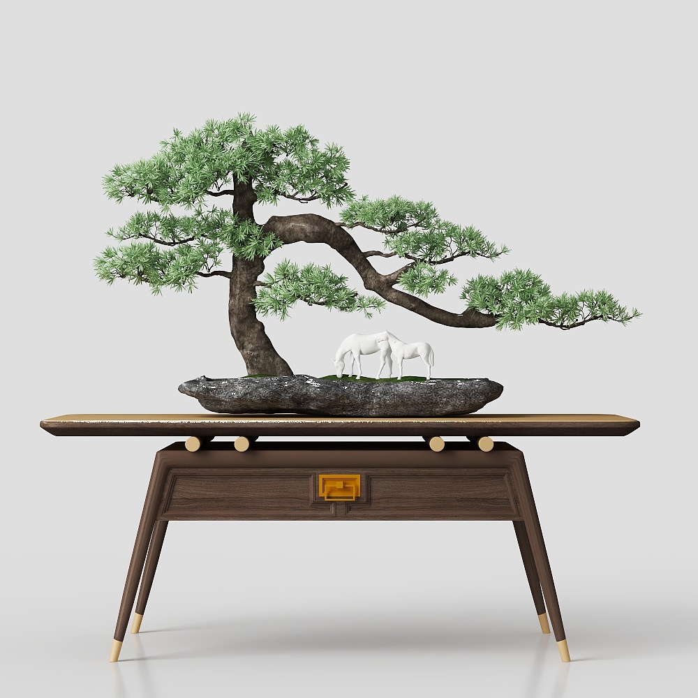新中式松树迎客松盆景盆栽端景台