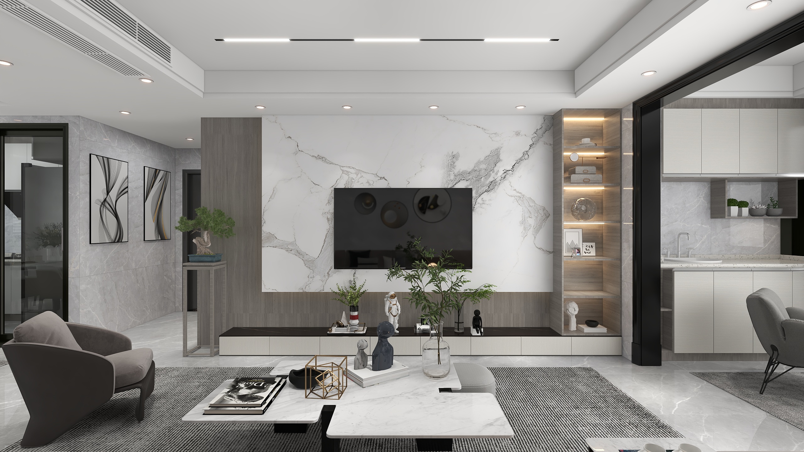 aAa小石-126㎡3室2卫1书房现代无主灯装修效果图