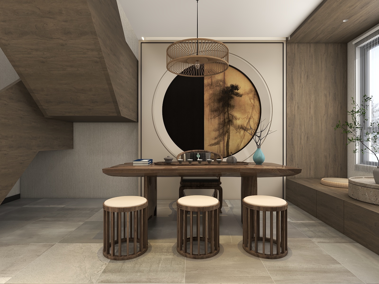 李青越-新中式休闲复式茶室装修效果图