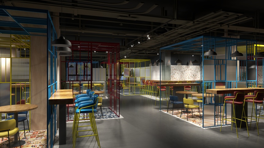 这是一家餐厅，场景中可以看到一个空旷的用餐区。用餐区的地面铺设了黑色的地板，周围摆放了五颜六色的高脚凳。用餐区中间有一张带颜色的桌子，周围围绕着多把同样颜色的椅子。用餐区的上方悬挂着黑色的灯具。整个场景色彩鲜明，空间宽敞明亮。