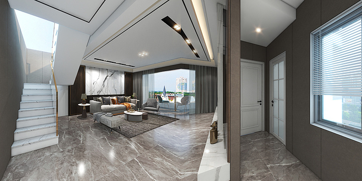 装修艺人唐平-现代轻奢-别墅一层无主灯设计-装修设计方案