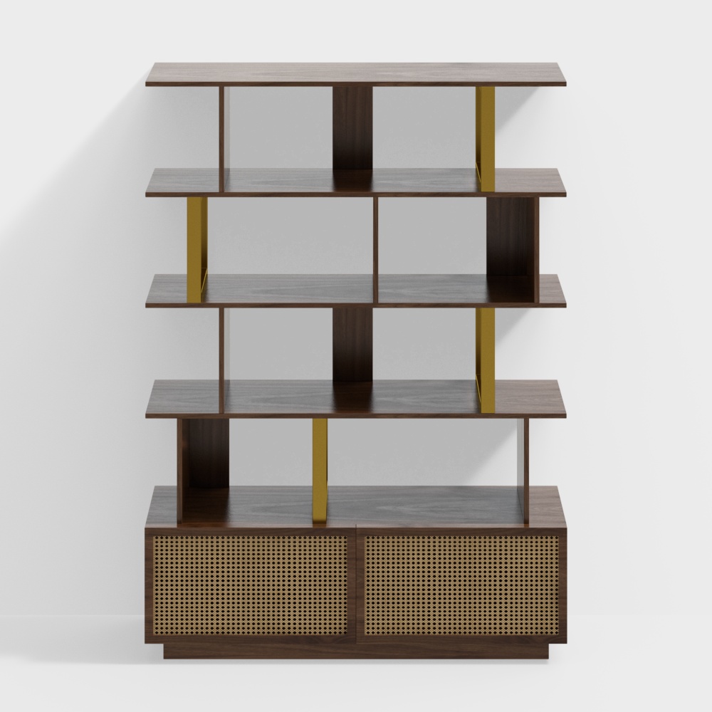 5-Tier Walnut Wood Bookshelf with 2 Doors Modern Bookcase in Gold Finish