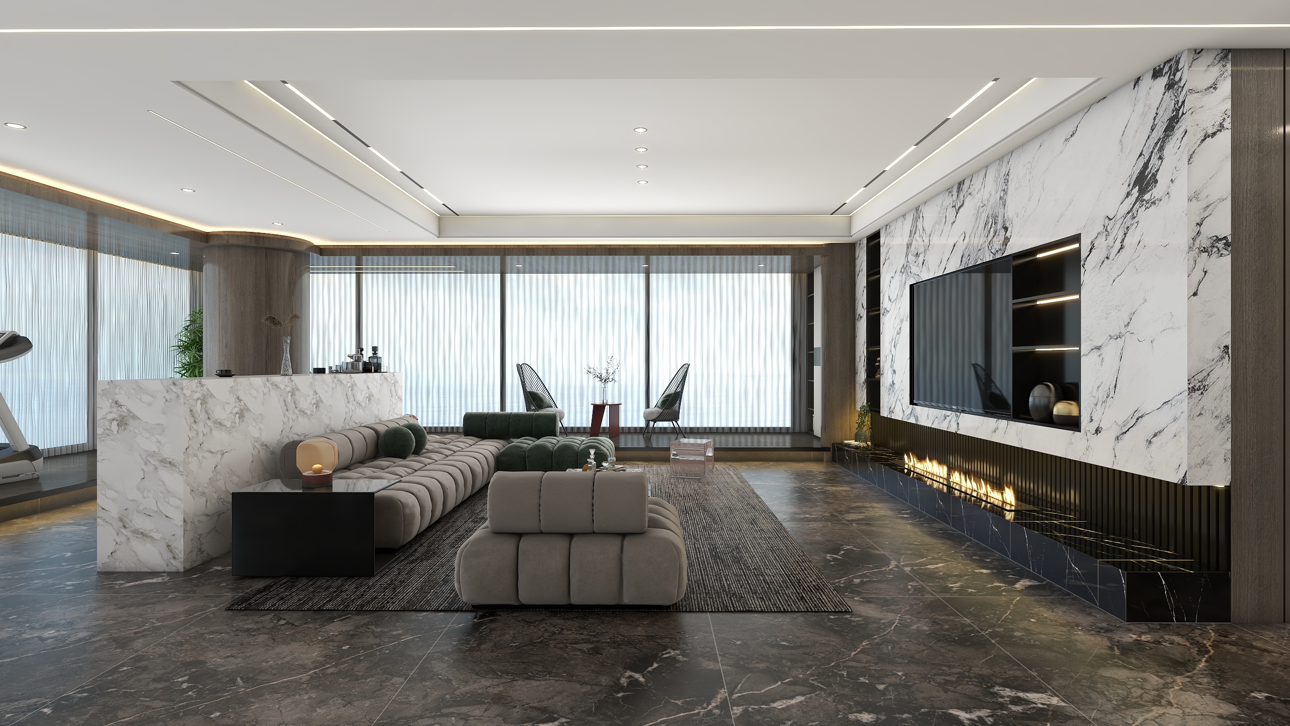 北盐空間設計-意式极简无主灯350平三居室装修效果图