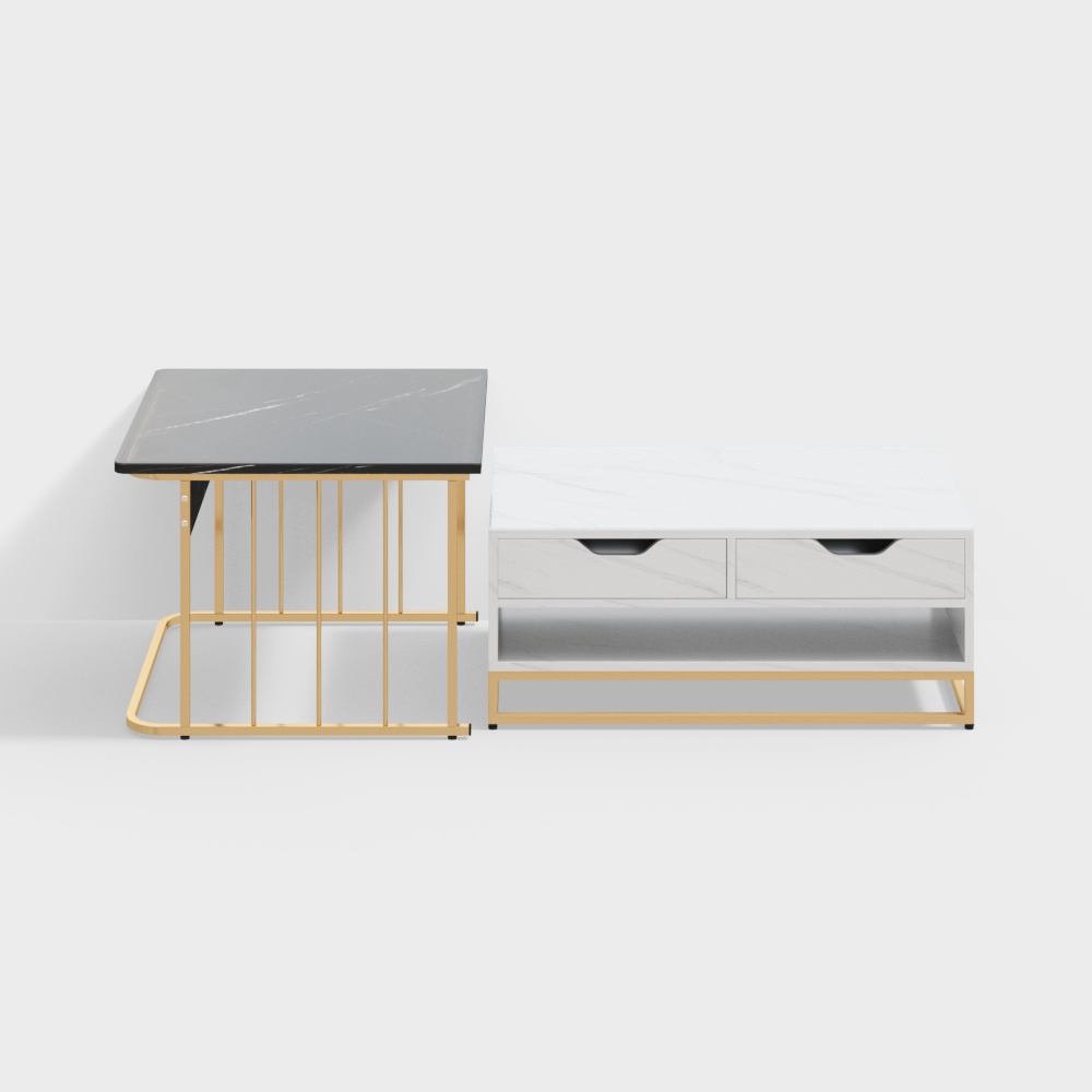 Ensemble de 2 tables à café modernes emboîtables en bois avec tiroirs et étagères en noir et blanc