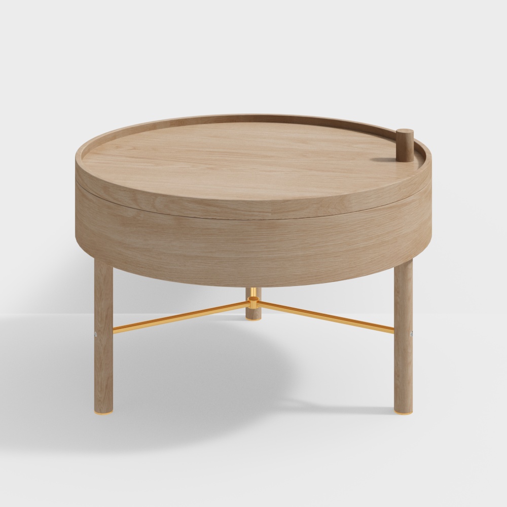 Table basse ronde moderne avec plateau rotatif en bois naturel avec rangement et pieds en métal