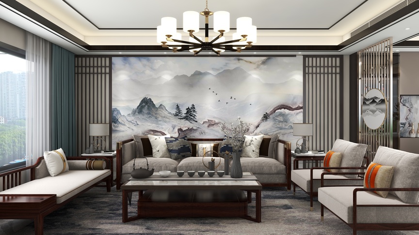 这个场景是一个客厅的内景。墙面是一幅描绘着层峦叠嶂、树木和飞鸟的中国风壁画，壁画前是一台白色家电。灰色的地毯上铺着一张米色的地毯。吊顶用木条装饰，灯盏是玻璃的，有金色的吊灯。整个空间明亮宽敞，搭配和谐，给人一种舒适的感觉。