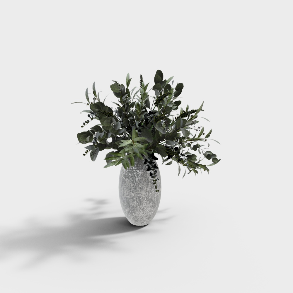 现代花瓶花艺组合-陶瓷花瓶绿叶3D模型
