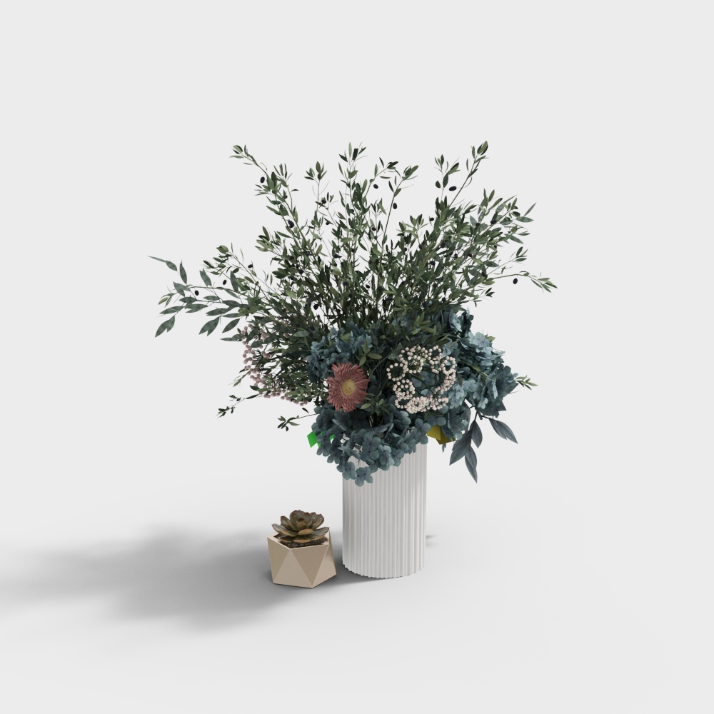 现代花艺花瓶-白色花瓶蓝花3D模型