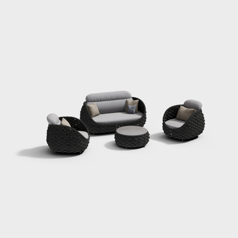 Ensemble de 4 canapés d'extérieur en corde tissée Tatta, table basse avec dessus en faux marbre, noir et gris