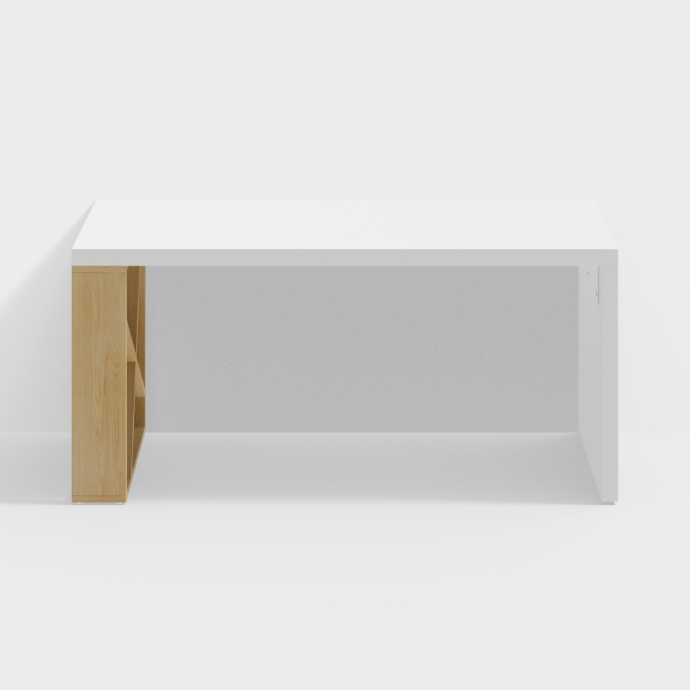 Moderner weißer und natürlicher rechteckiger Schreibtisch mit Regalen