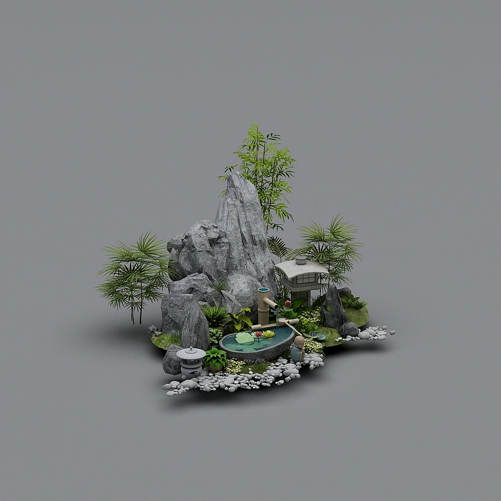 新中式假山石头景观小品水景植物盆栽SU模型