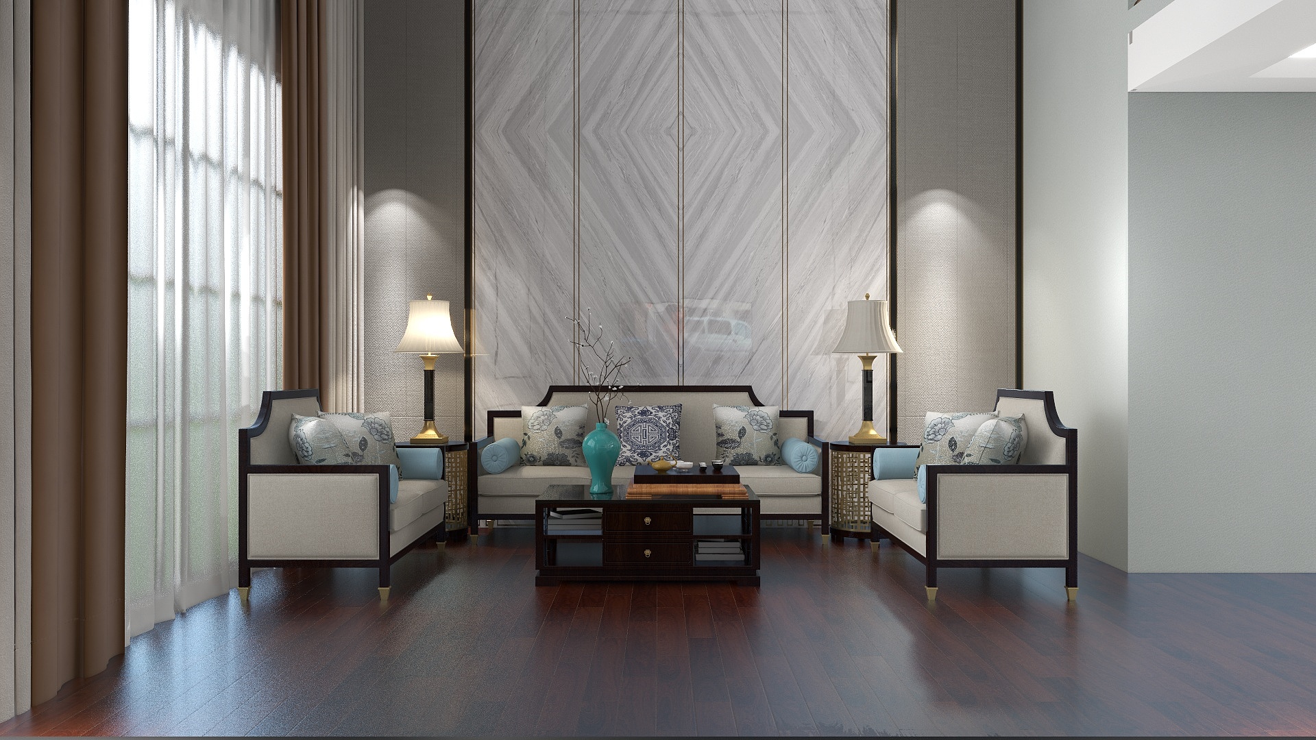 宇众美空间设计-资深新中式3室2厅153平米装修效果图