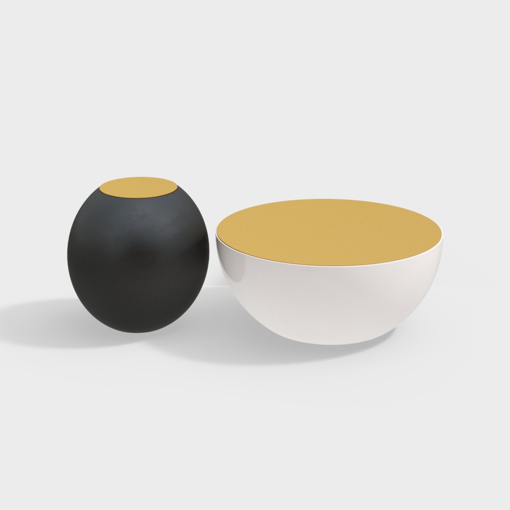 Ensemble de table basse moderne en forme de bol et en forme de tambour noir et blanc avec plateau rond marron
