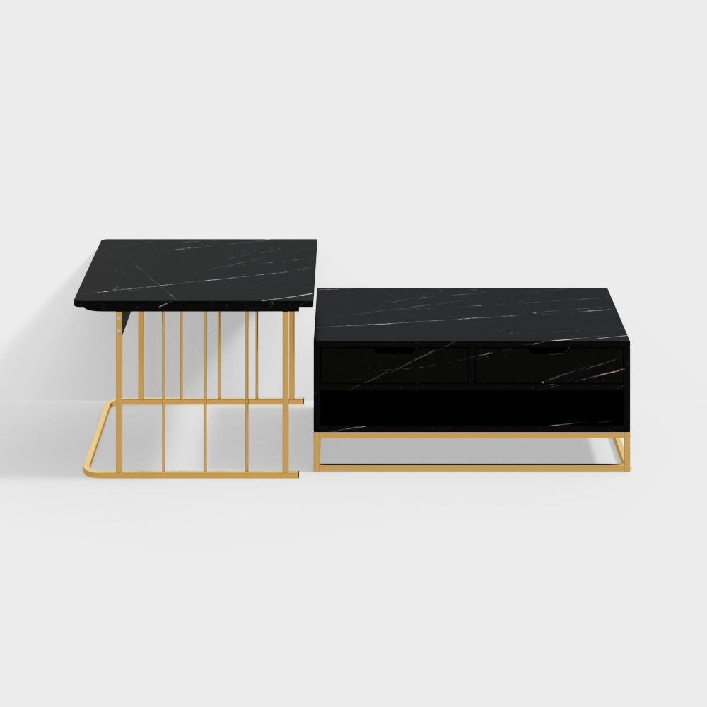Table Basse Gigogne Moderne Noir avec Tiroirs et Etagère