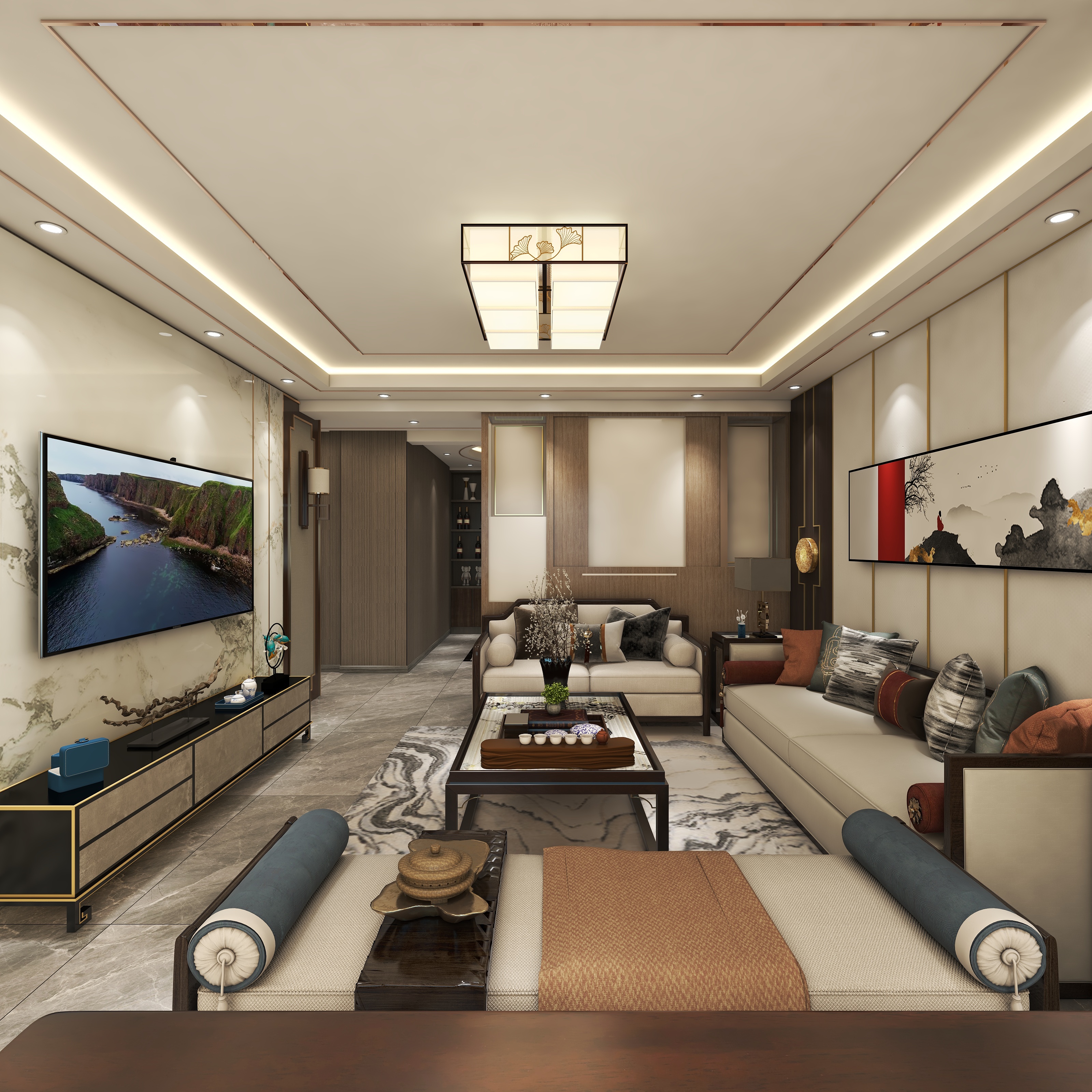 灵感设计胡先生-曲靖云溪白鹭F户型新中式装修效果图