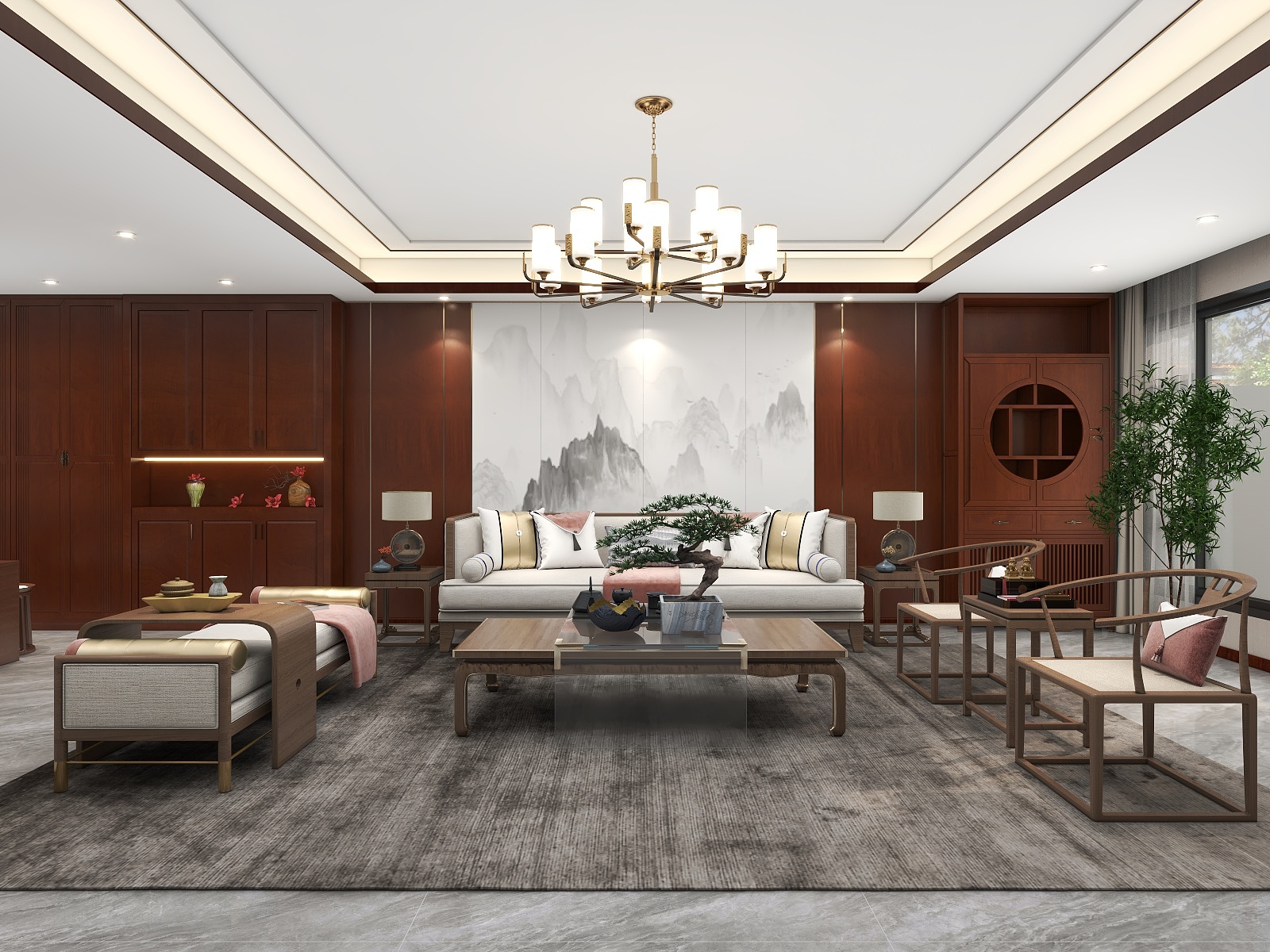 吴爽-新中式复试二层设计装修效果图