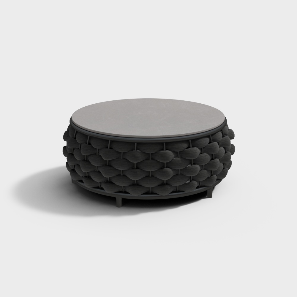 Tatta Modern Faux Marble Top Round Outdoor Coffee Table with Woven Rope Base in Black