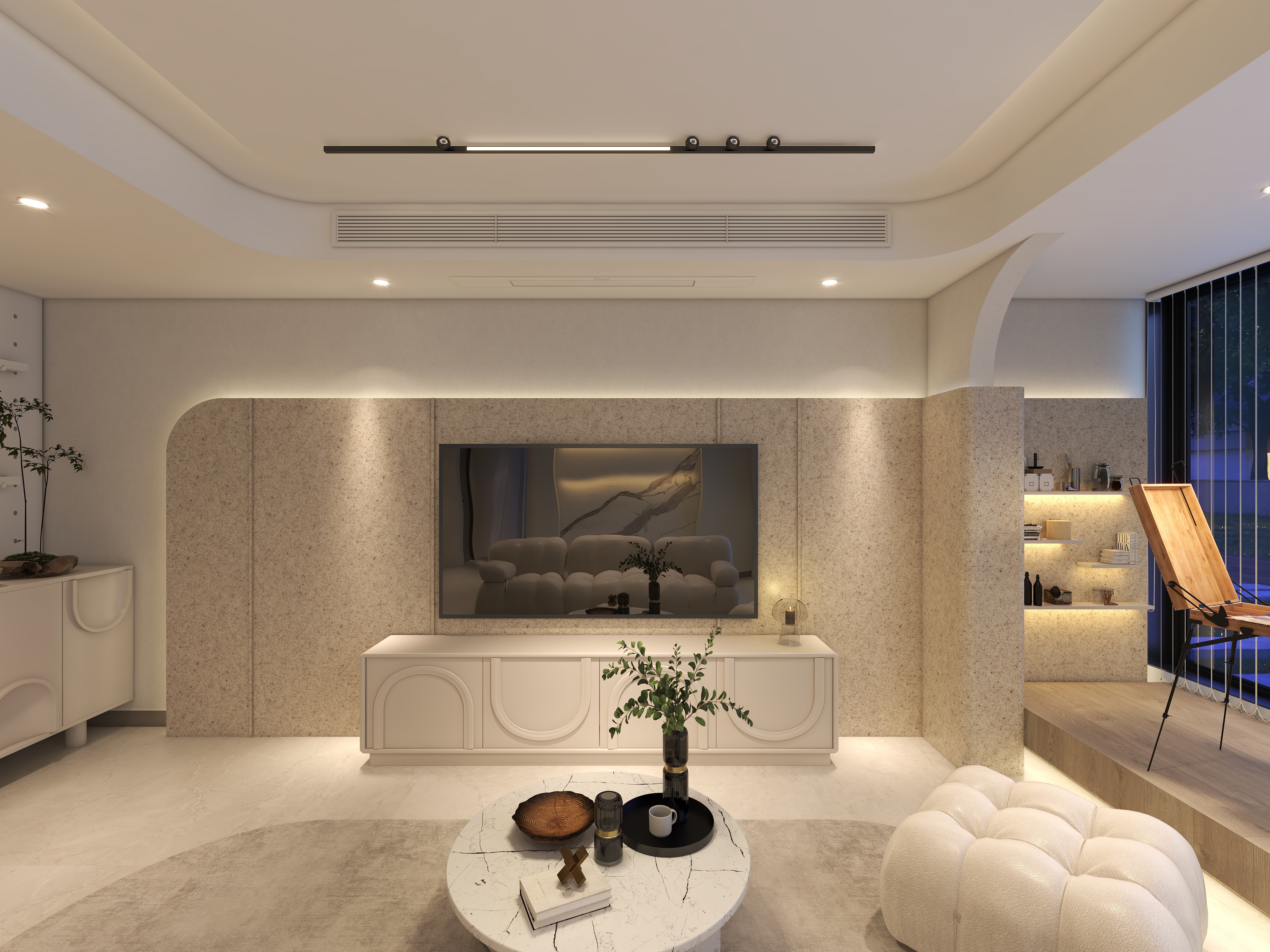 大金空调官方-100㎡ 奶油侘寂风，打造夜幕下的理想家一层客餐厅装修效果图第1张