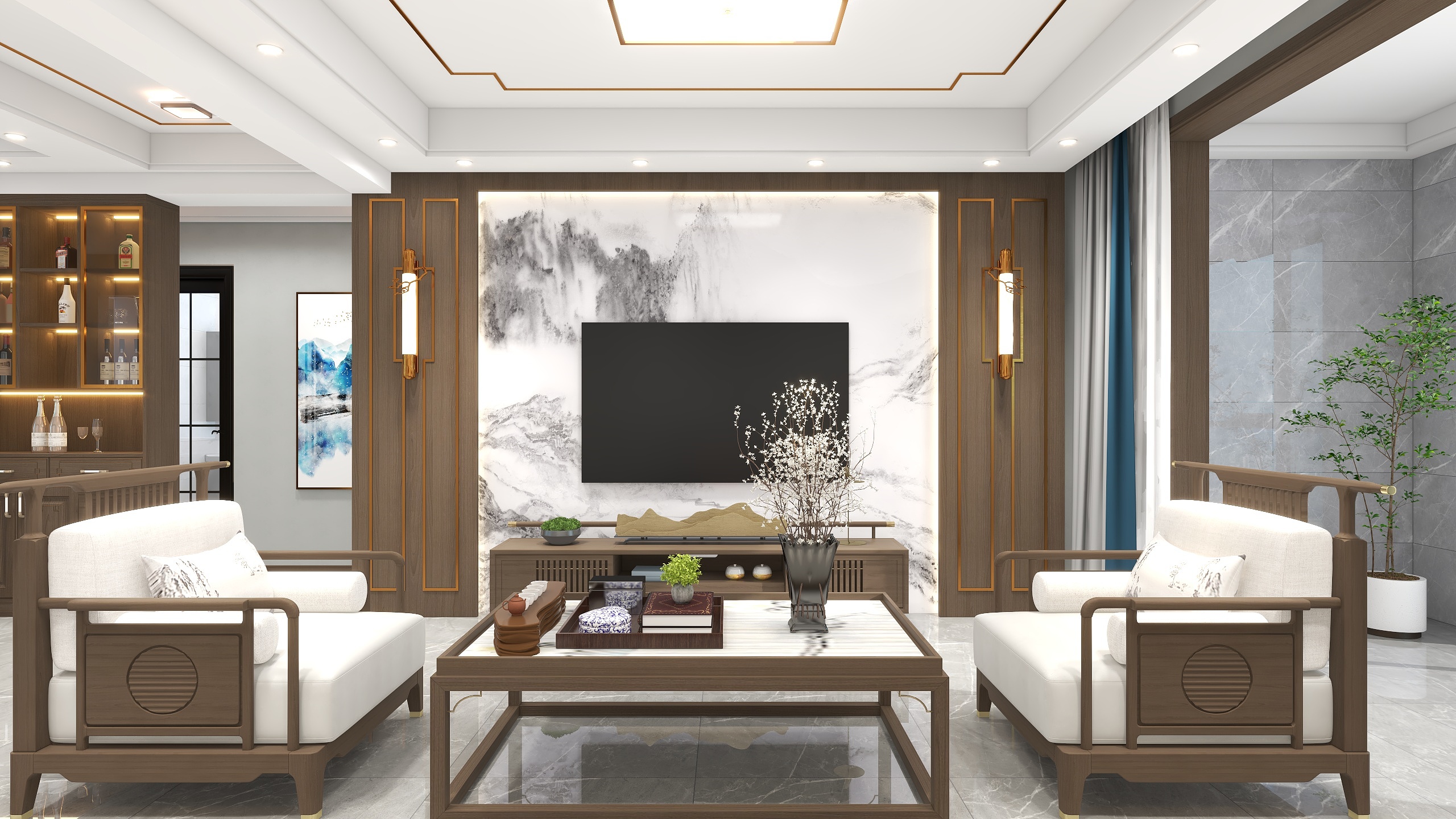 全景效果图--新中式方案-装修设计方案