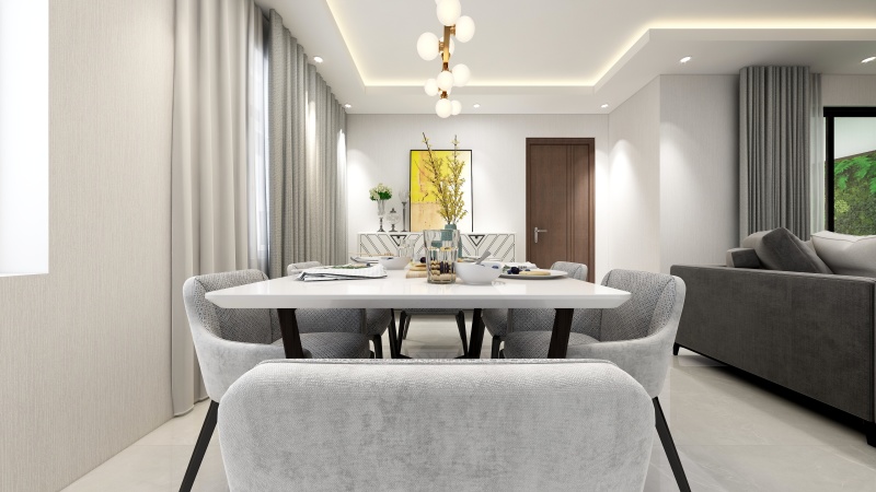 Contemporary Gray Dining Room with Bright Accents