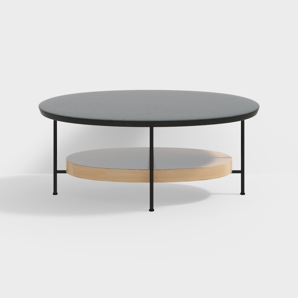 Table basse moderne de 39 po noire et naturelle avec étagère de rangement en bois clair et métal