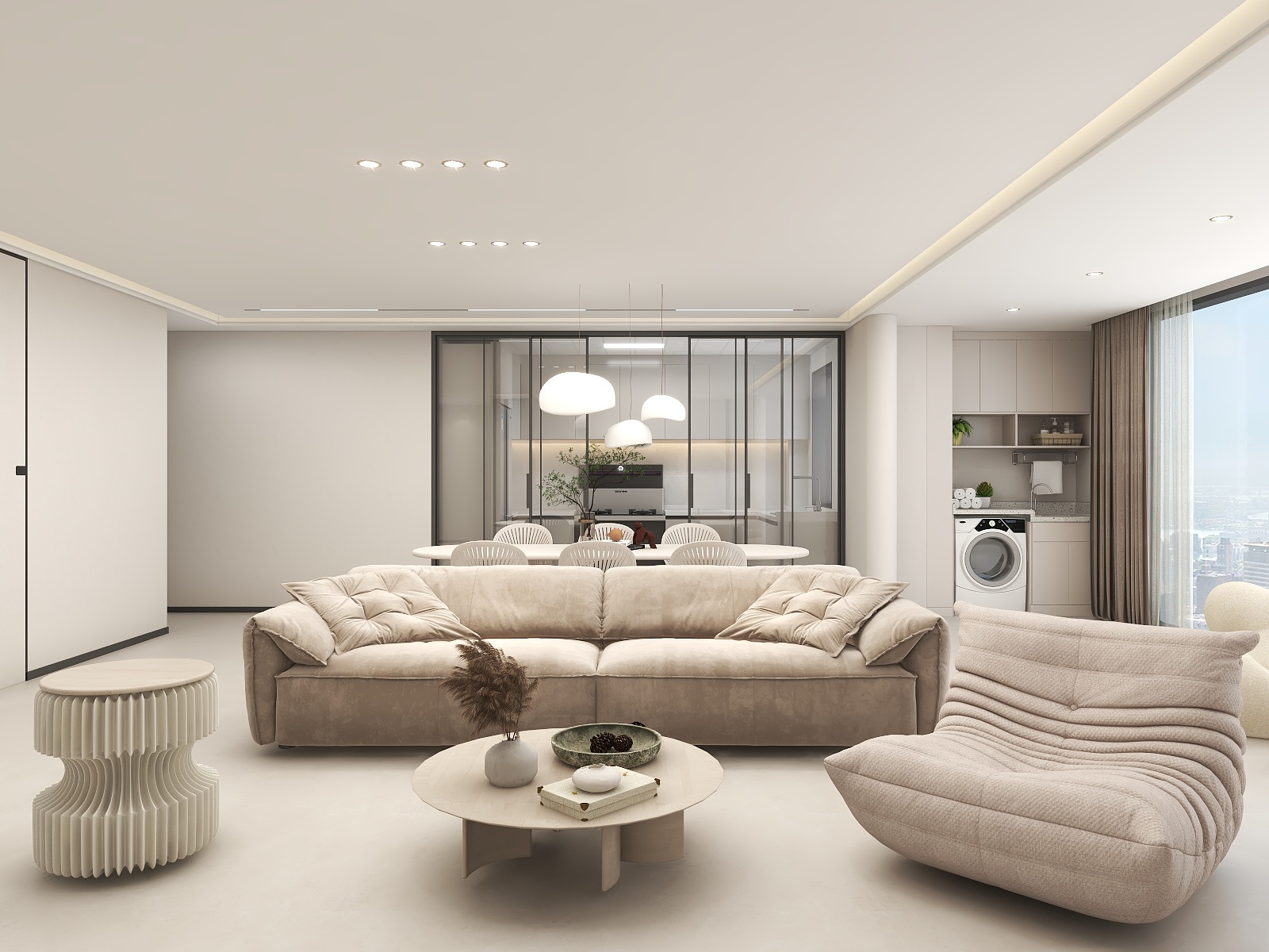 吴爽-奶油风三室大平层设计装修效果图