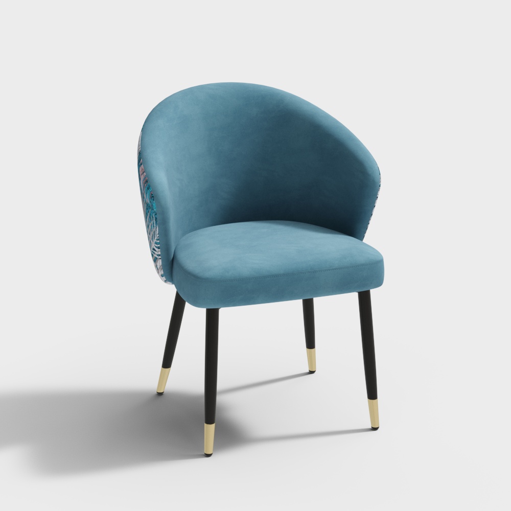 Blauer gepolsterter Esszimmerstuhl aus Samt mit gebogener Rückenlehne, moderner Sessel