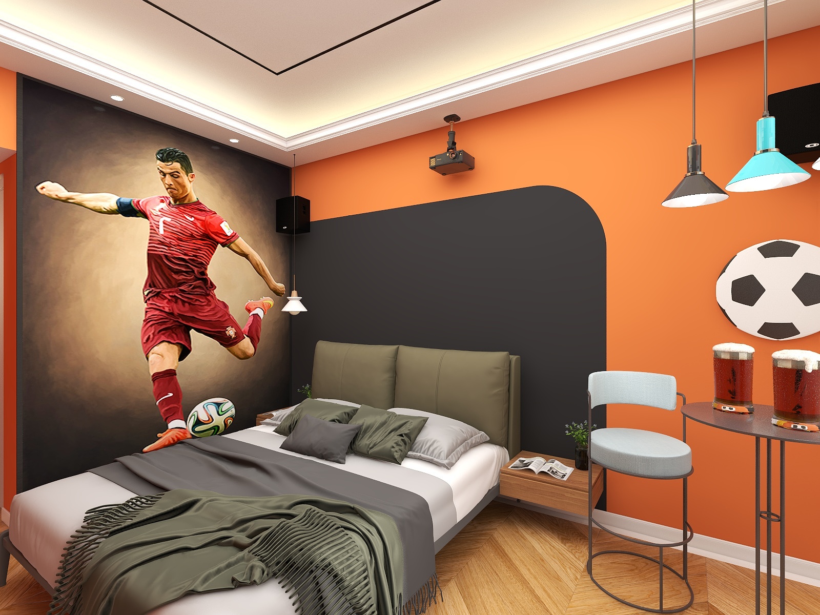 窝牛室内设计-20平客房  黑与橙-力量与激情，用色大胆的足球主题房。-装修设计方案
