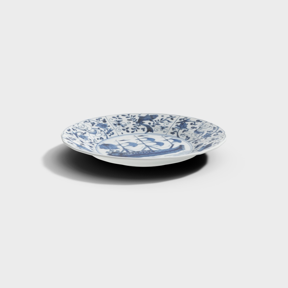 景德镇窑青花帆船图花口盘 Bluish-white Flower-shaped Porcelain Plate with Sailing Ship Patterns, Jingdezhen Ware3D模型